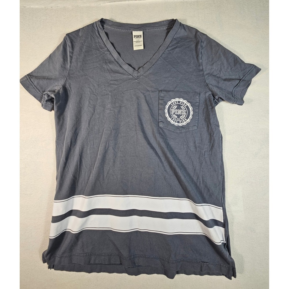 Victoria's Secret PINK V-Neck Pocket T-Shirt Blue‎ Gray Stripe Logo Small S P